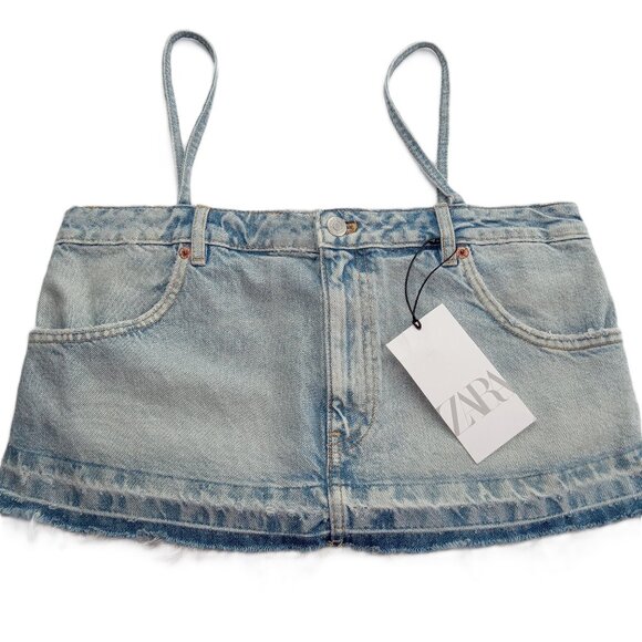 Zara Tops - ZARA Women's Denim Crop Top Size Small Light Wash Blue Cotton Deconstructed Hem